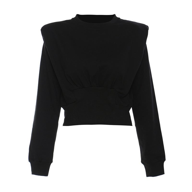 Personality Padded Shoulder Armor Short Long Sleeve Crew Neck Sweater Women - Yara fashion  12999738 Personality Padded Shoulder Armor Short Long Sleeve Crew Neck Sweater Women 