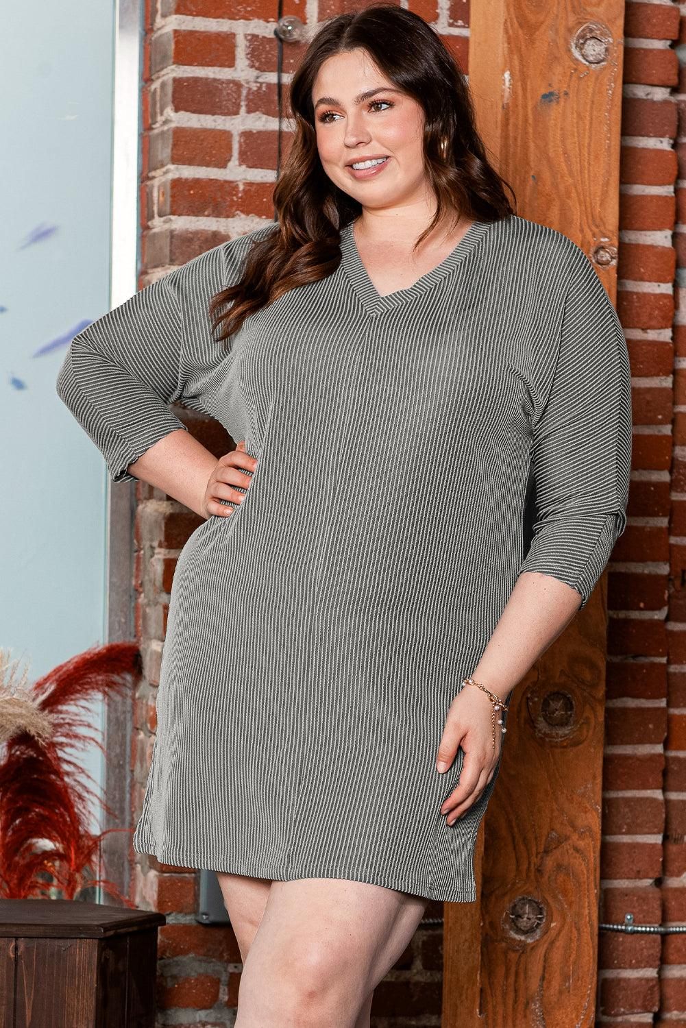 Philippine Gray  Plus Size Corded V Neck Shift Dress - Yara fashion  64433459 Philippine Gray  Plus Size Corded V Neck Shift Dress 