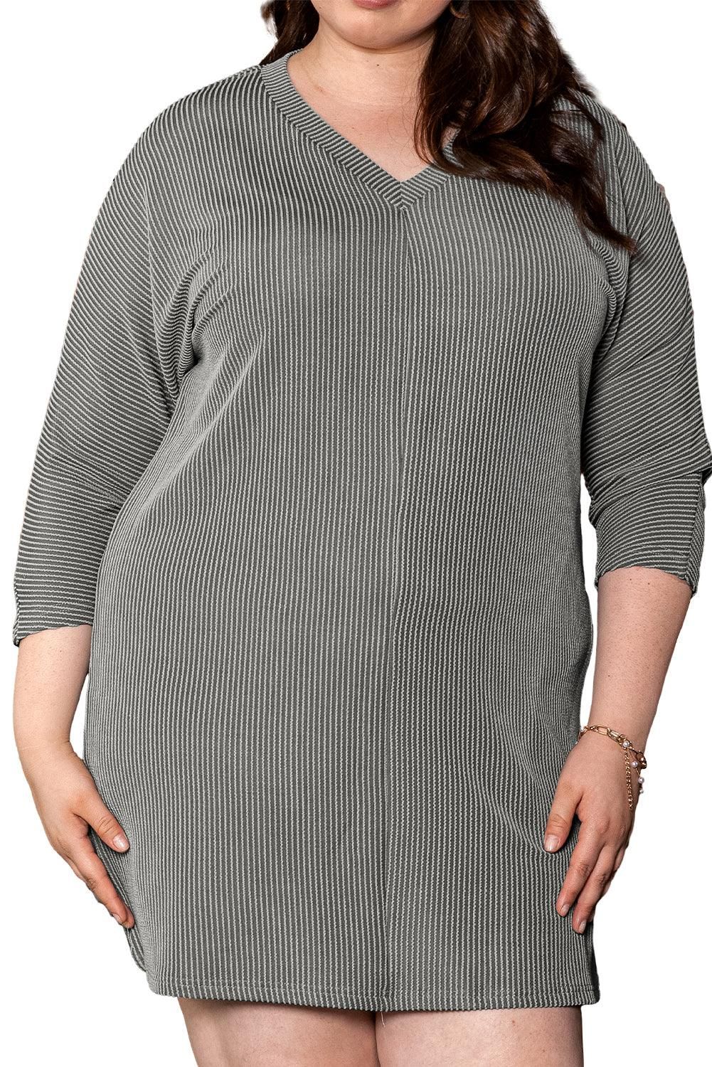 Philippine Gray  Plus Size Corded V Neck Shift Dress - Yara fashion  47429146 Philippine Gray  Plus Size Corded V Neck Shift Dress 