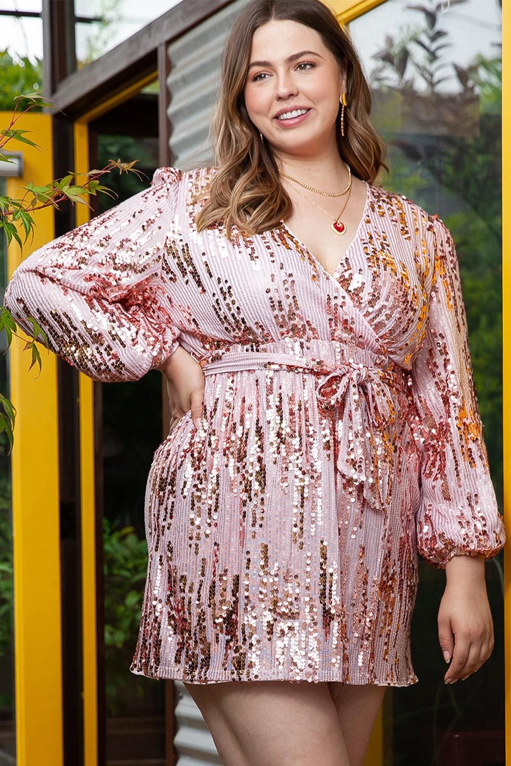 Pink Sequin Bubble Sleeves Short Wrap Dress - Yara fashion  87969152 Pink Sequin Bubble Sleeves Short Wrap Dress 