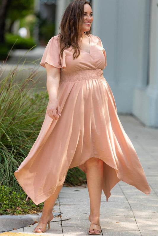 Pink Wrap V Neck Plus Size Handkerchief Dress - Yara fashion  13453461 Pink Wrap V Neck Plus Size Handkerchief Dress 