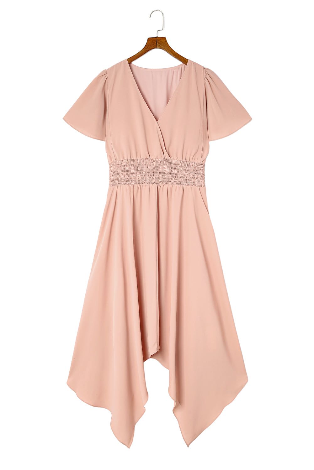 Pink Wrap V Neck Plus Size Handkerchief Dress - Yara fashion  45372652 Pink Wrap V Neck Plus Size Handkerchief Dress 