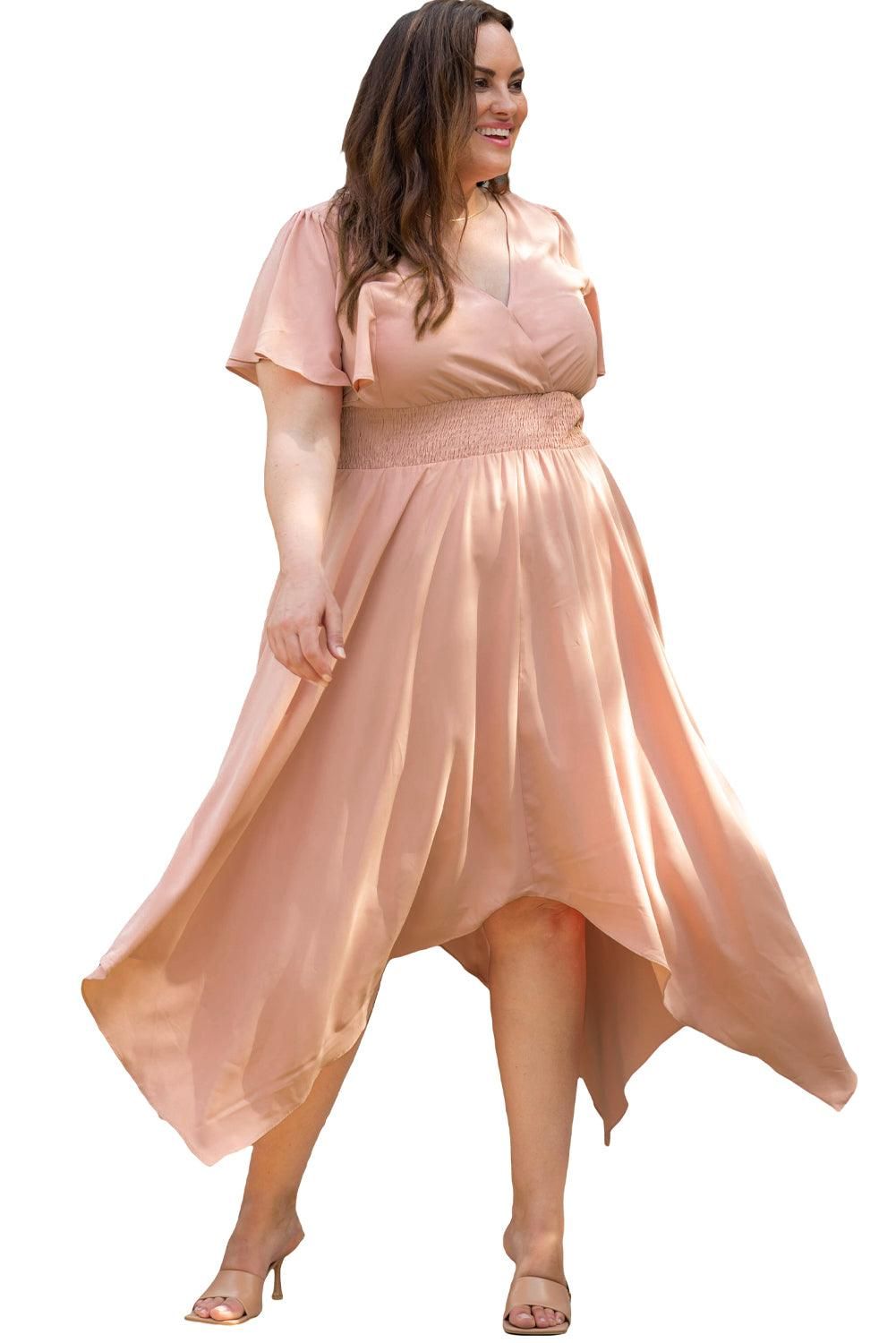 Pink Wrap V Neck Plus Size Handkerchief Dress - Yara fashion  12192182 Pink Wrap V Neck Plus Size Handkerchief Dress 