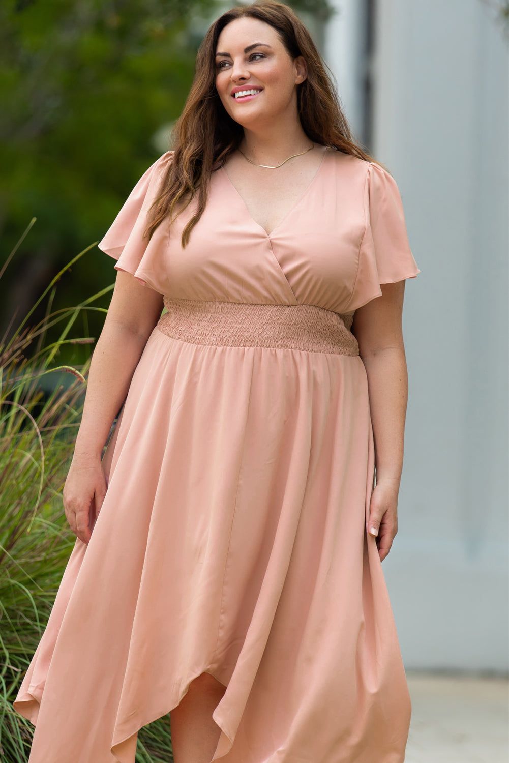 Pink Wrap V Neck Plus Size Handkerchief Dress - Yara fashion  16596035 Pink Wrap V Neck Plus Size Handkerchief Dress 