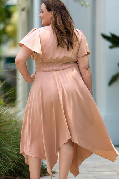 Pink Wrap V Neck Plus Size Handkerchief Dress - Yara fashion  34691721 Pink Wrap V Neck Plus Size Handkerchief Dress 