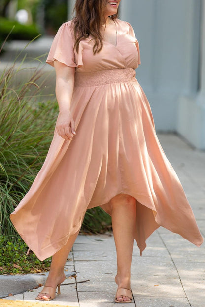 Pink Wrap V Neck Plus Size Handkerchief Dress - Yara fashion  8959469 Pink Wrap V Neck Plus Size Handkerchief Dress 