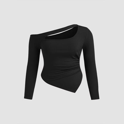 Plus Size Autumn Winter Women Clothing Diagonal Collar T shirt Slim Fit Cold Shoulder Long Sleeve Top - Yara fashion  93440757 Plus Size Autumn Winter Women Clothing Diagonal Collar T shirt Slim Fit Cold Shoulder Long Sleeve Top 