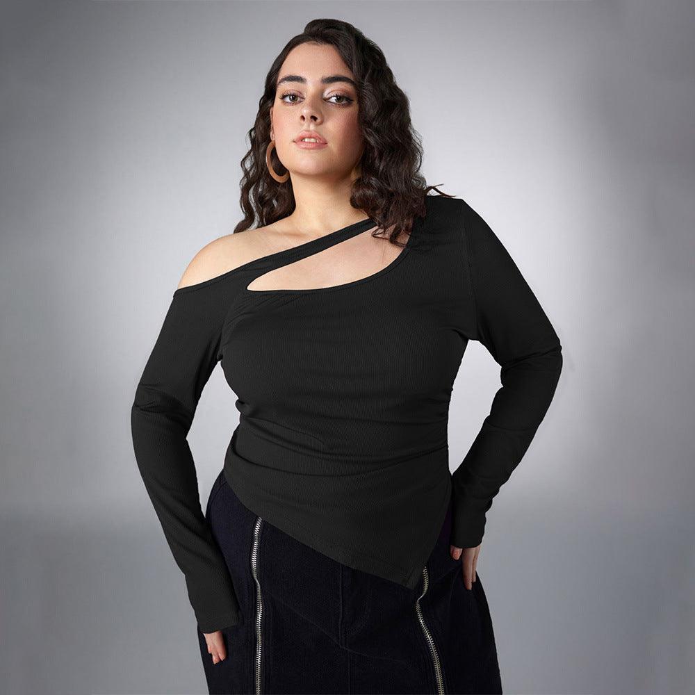 Plus Size Autumn Winter Women Clothing Diagonal Collar T shirt Slim Fit Cold Shoulder Long Sleeve Top - Yara fashion  94330183 Plus Size Autumn Winter Women Clothing Diagonal Collar T shirt Slim Fit Cold Shoulder Long Sleeve Top 