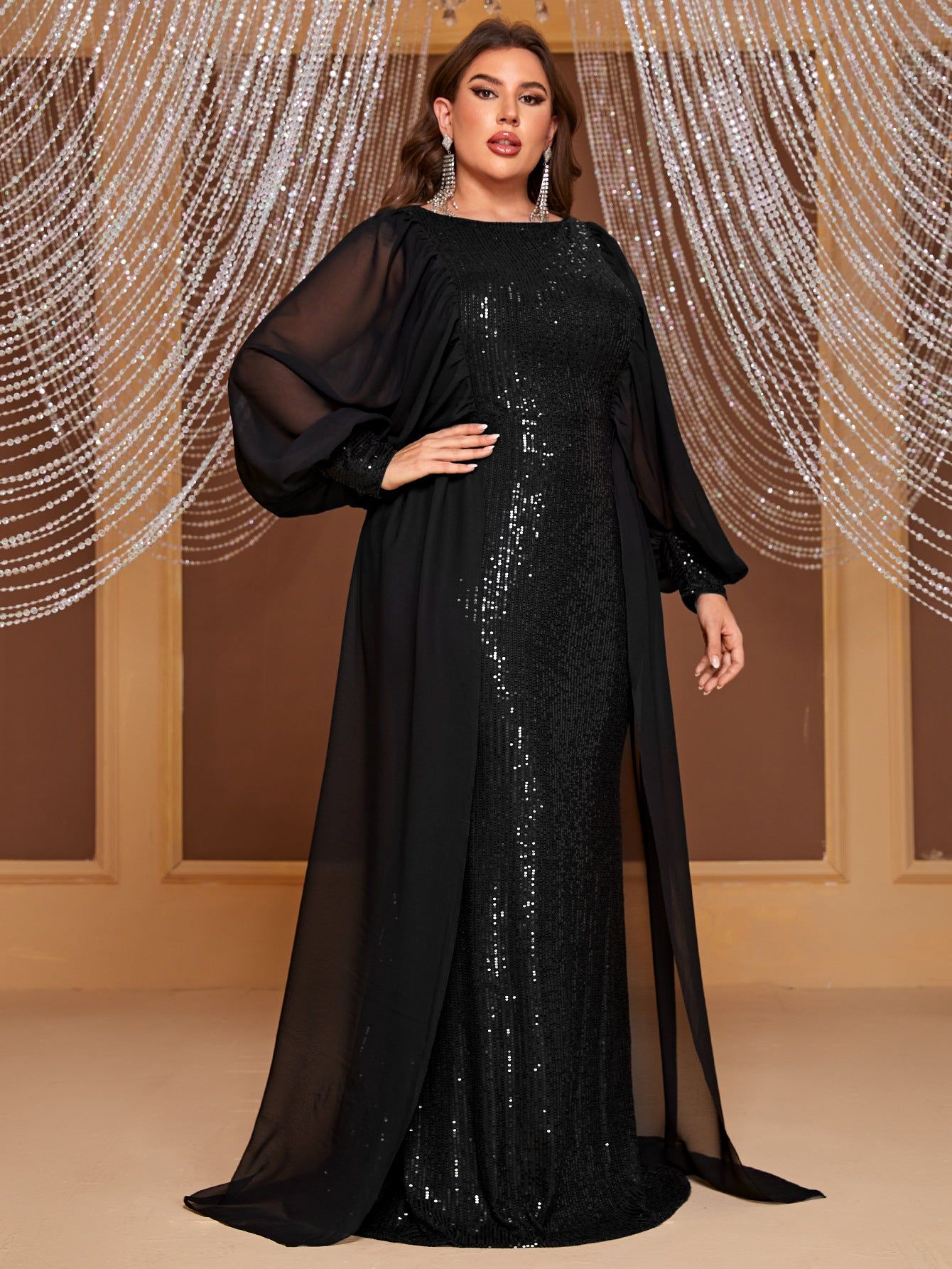 plus Size Dress Sequined Mesh Stitching Long Sleeves Evening Gown Elegant Dress - Yara fashion  20221416 plus Size Dress Sequined Mesh Stitching Long Sleeves Evening Gown Elegant Dress 