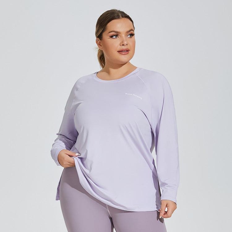 Plus Size Loose Letter Graphic Loose Yoga Clothes Sports Long Sleeve Women Slit Hemline at Hem T shirt Casual Long Workout Top - Yara fashion  71498028 Plus Size Loose Letter Graphic Loose Yoga Clothes Sports Long Sleeve Women Slit Hemline at Hem T shirt Casual Long Workout Top 