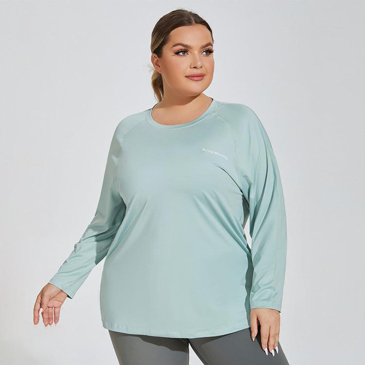 Plus Size Loose Letter Graphic Loose Yoga Clothes Sports Long Sleeve Women Slit Hemline at Hem T shirt Casual Long Workout Top - Yara fashion  36986999 Plus Size Loose Letter Graphic Loose Yoga Clothes Sports Long Sleeve Women Slit Hemline at Hem T shirt Casual Long Workout Top 