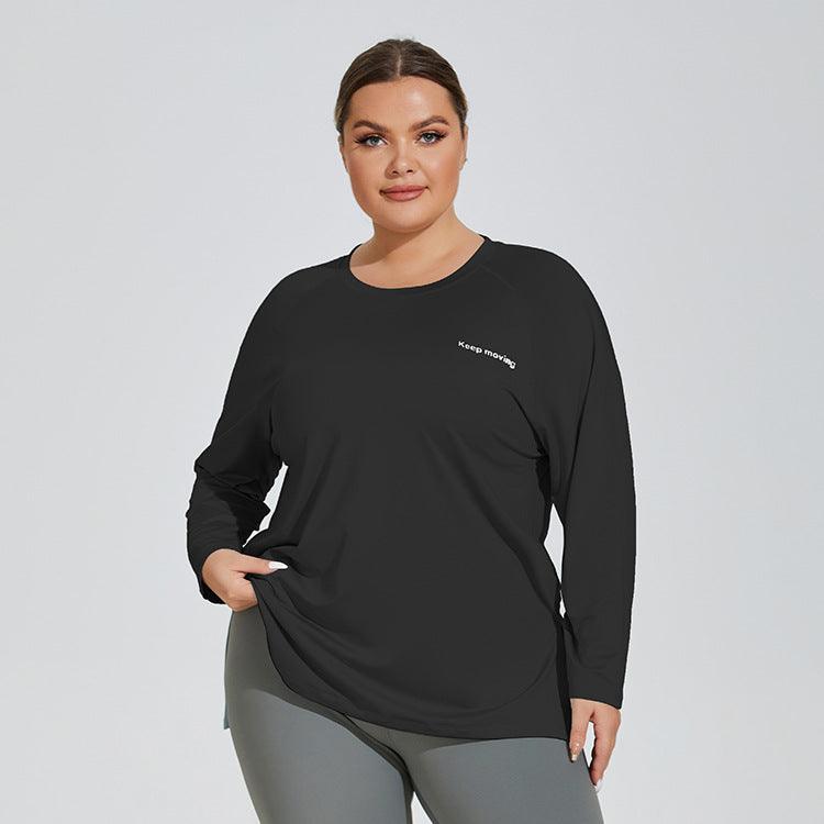 Plus Size Loose Letter Graphic Loose Yoga Clothes Sports Long Sleeve Women Slit Hemline at Hem T shirt Casual Long Workout Top - Yara fashion  37174388 Plus Size Loose Letter Graphic Loose Yoga Clothes Sports Long Sleeve Women Slit Hemline at Hem T shirt Casual Long Workout Top 