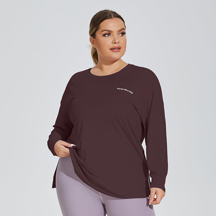 Plus Size Loose Letter Graphic Loose Yoga Clothes Sports Long Sleeve Women Slit Hemline at Hem T shirt Casual Long Workout Top - Yara fashion  48951274 Plus Size Loose Letter Graphic Loose Yoga Clothes Sports Long Sleeve Women Slit Hemline at Hem T shirt Casual Long Workout Top 