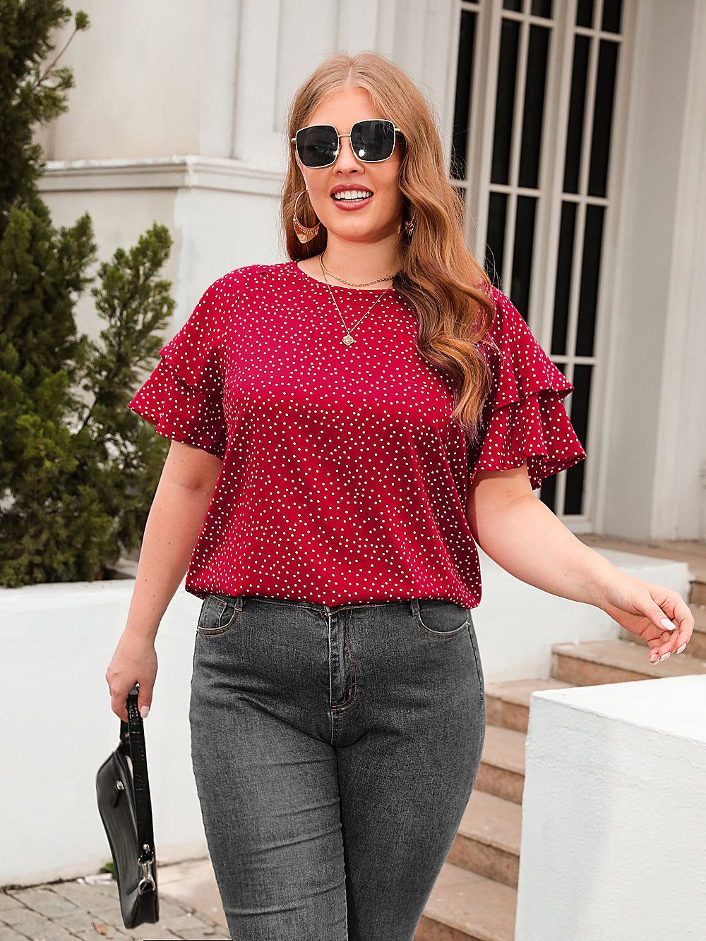 plus Size Polka Dot Loose Fitting Casual T shirt plus Size Women round Neck Short Sleeve Office Top - Yara fashion  26965421 plus Size Polka Dot Loose Fitting Casual T shirt plus Size Women round Neck Short Sleeve Office Top 