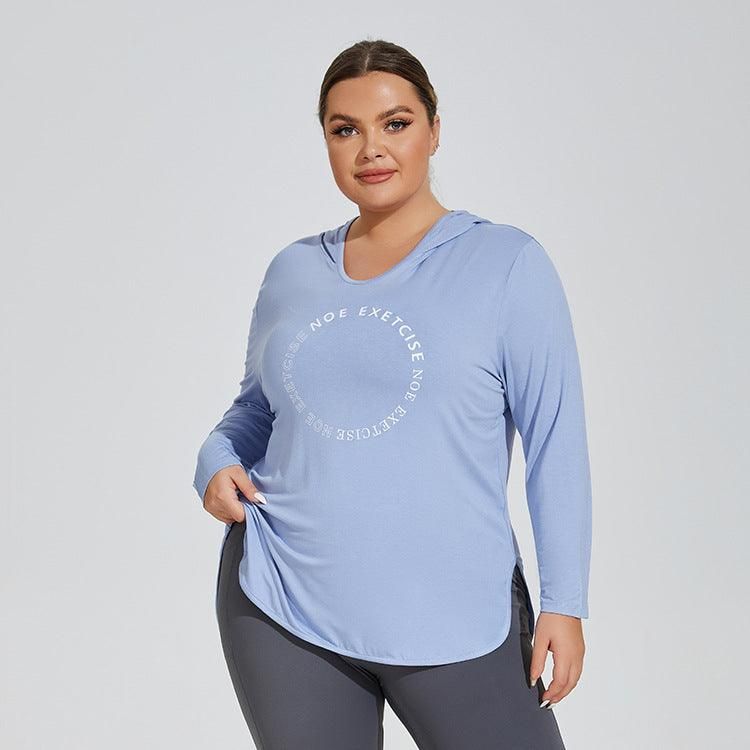 Plus Size Printed Logo Sports Long Sleeve Breathable Fitness Running Hooded Top Loose Yoga Clothes Women Overall - Yara fashion  21166450 Plus Size Printed Logo Sports Long Sleeve Breathable Fitness Running Hooded Top Loose Yoga Clothes Women Overall 