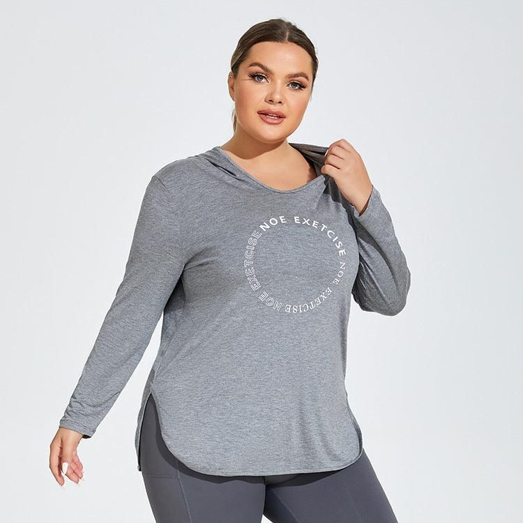 Plus Size Printed Logo Sports Long Sleeve Breathable Fitness Running Hooded Top Loose Yoga Clothes Women Overall - Yara fashion  38775947 Plus Size Printed Logo Sports Long Sleeve Breathable Fitness Running Hooded Top Loose Yoga Clothes Women Overall 