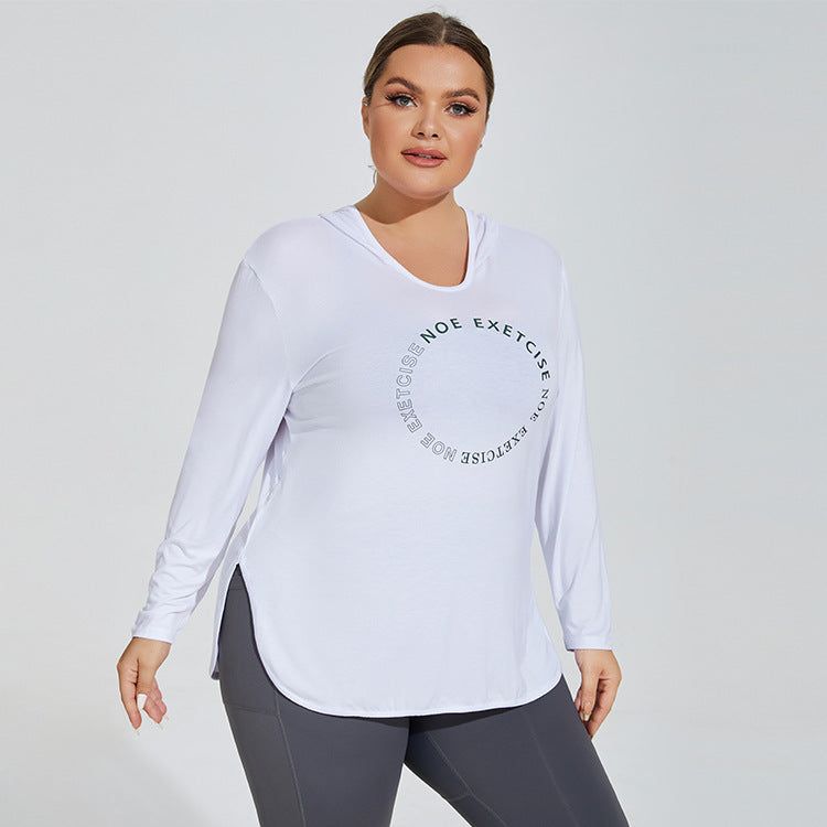 Plus Size Printed Logo Sports Long Sleeve Breathable Fitness Running Hooded Top Loose Yoga Clothes Women Overall - Yara fashion  31552649 Plus Size Printed Logo Sports Long Sleeve Breathable Fitness Running Hooded Top Loose Yoga Clothes Women Overall 