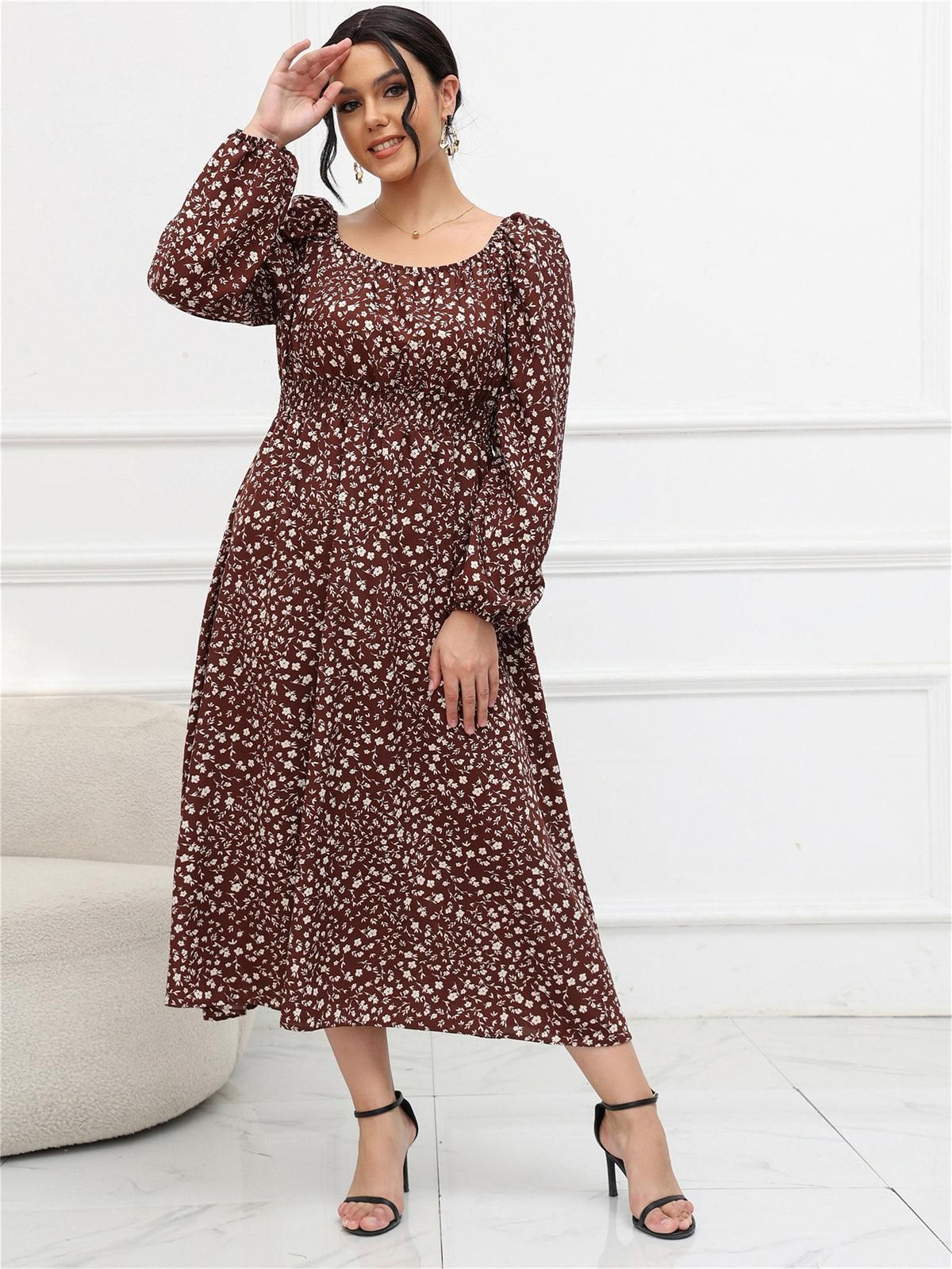 Plus Size Puff Sleeve Square Collar Long Sleeve Mid length Dress - Yara fashion  7110802 Plus Size Puff Sleeve Square Collar Long Sleeve Mid length Dress 