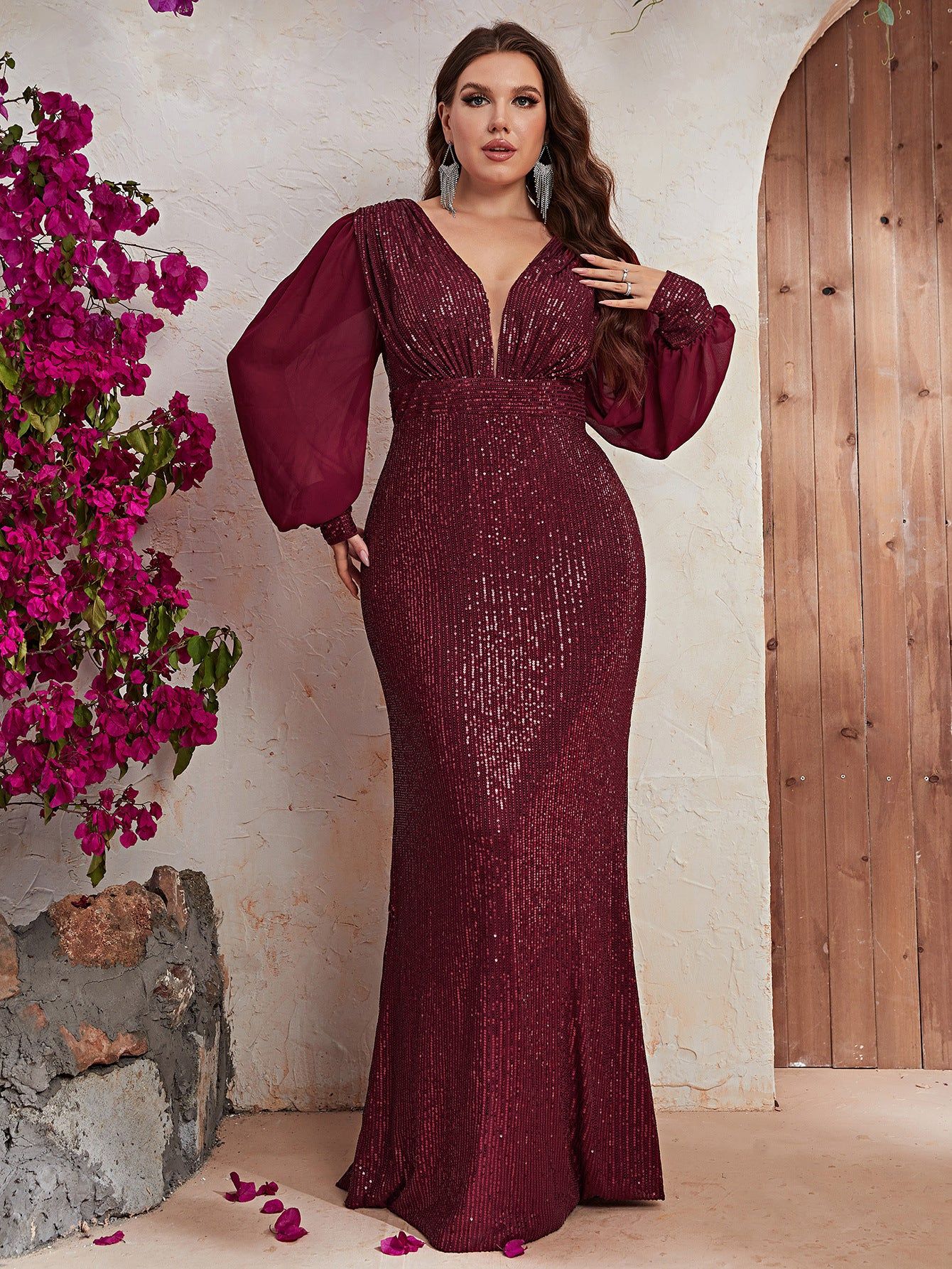 Plus Size Sequin Formal Dress Sequin Long Sleeve V neck Prom Party Dress Fishtail Dress - Yara fashion  9969691 Plus Size Sequin Formal Dress Sequin Long Sleeve V neck Prom Party Dress Fishtail Dress 