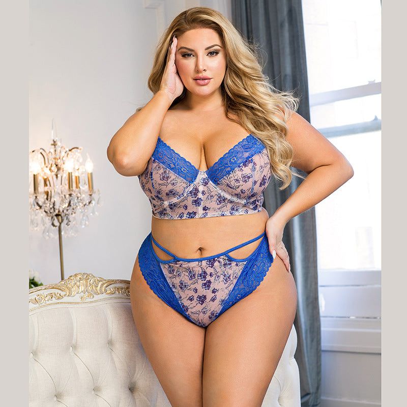 plus Size Sexy Lingerie Hollow Out Cutout out Strap Blue Floral Sexy Bra Set - Yara fashion  84693714 plus Size Sexy Lingerie Hollow Out Cutout out Strap Blue Floral Sexy Bra Set 