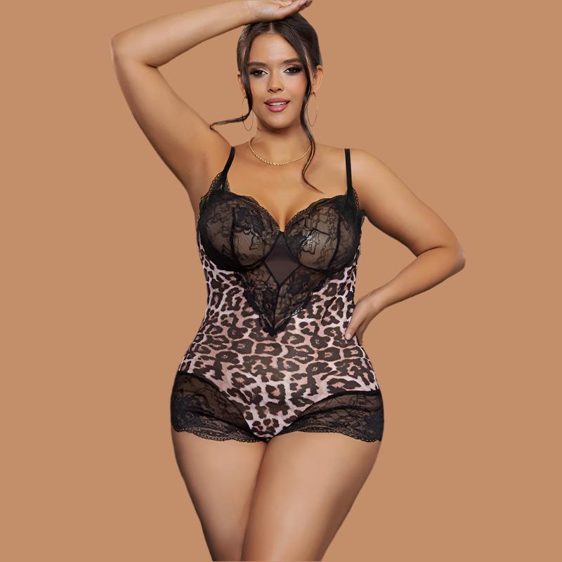 Plus Size Sexy Lingerie Women Sexy Pajamas Lace Stitching Leopard Print Jumpsuit Can Be Worn outside - Yara fashionYara fashion