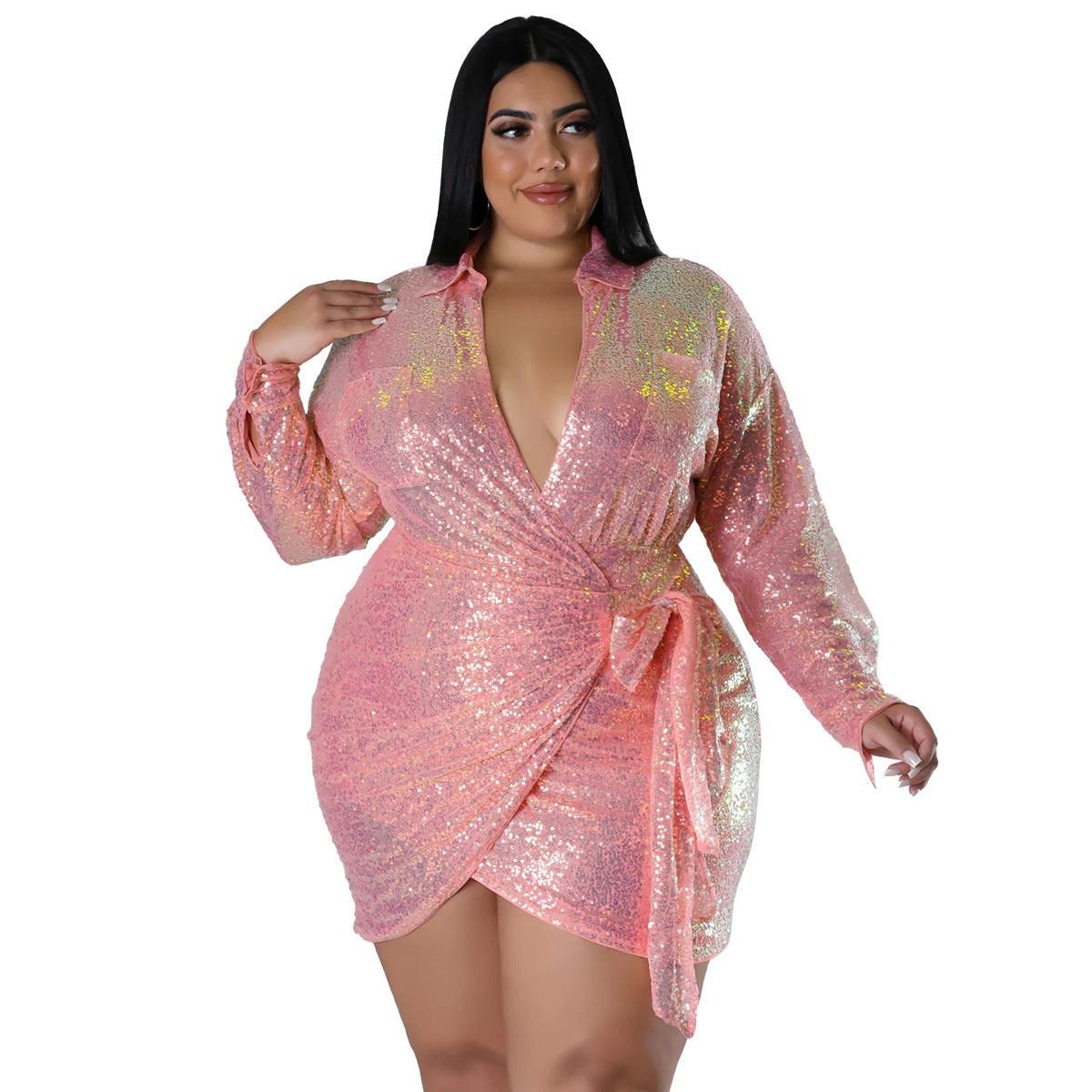 Plus Size Sexy Sequined Gilding Nightclub Long Sleeve Lace up Dress Women - Yara fashion  51981116 Plus Size Sexy Sequined Gilding Nightclub Long Sleeve Lace up Dress Women 