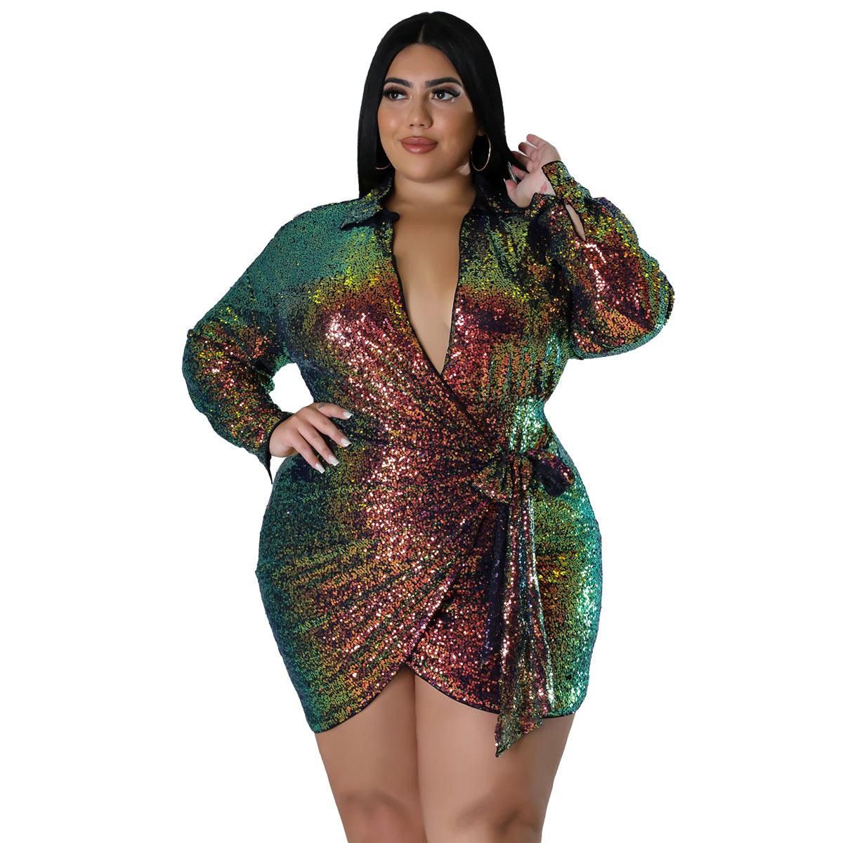 Plus Size Sexy Sequined Gilding Nightclub Long Sleeve Lace up Dress Women - Yara fashion  78825310 Plus Size Sexy Sequined Gilding Nightclub Long Sleeve Lace up Dress Women 