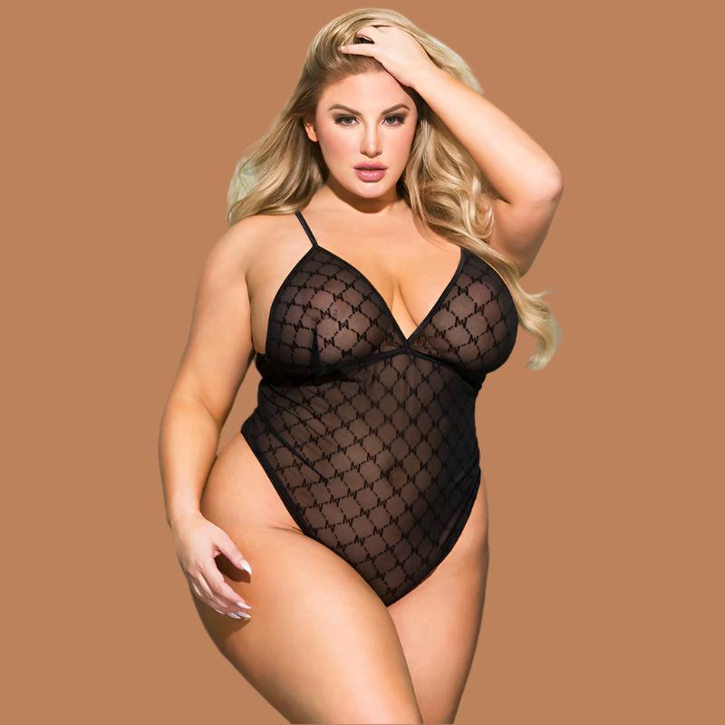 Plus Size Sexy Underwear Mesh Plaid Sexy See through Sling Open Crotch Jumpsuit - Yara fashionYara fashion