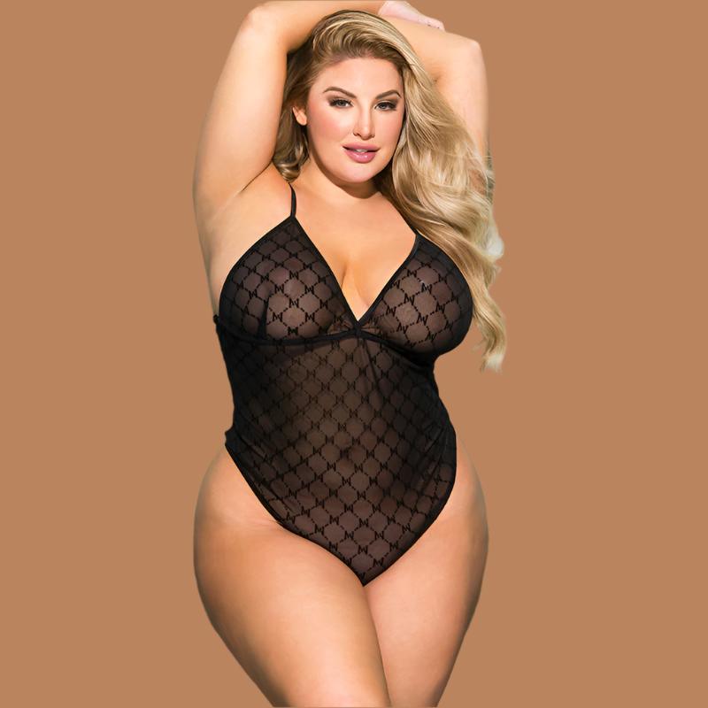 Plus Size Sexy Underwear Mesh Plaid Sexy See through Sling Open Crotch Jumpsuit - Yara fashionYara fashion