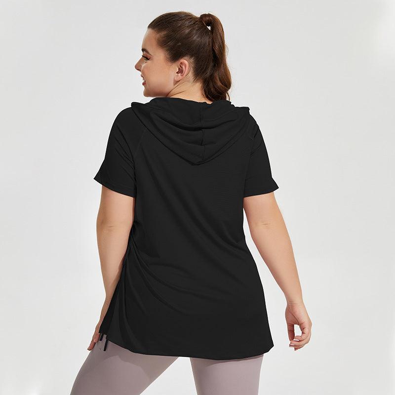 Plus Size Slim Fit Thin Fitness Clothes Women Hooded Short Sleeved Sports T Shirt Quick Drying Long Thigh Length Yoga Jacket - Yara fashion  23183318 Plus Size Slim Fit Thin Fitness Clothes Women Hooded Short Sleeved Sports T Shirt Quick Drying Long Thigh Length Yoga Jacket 