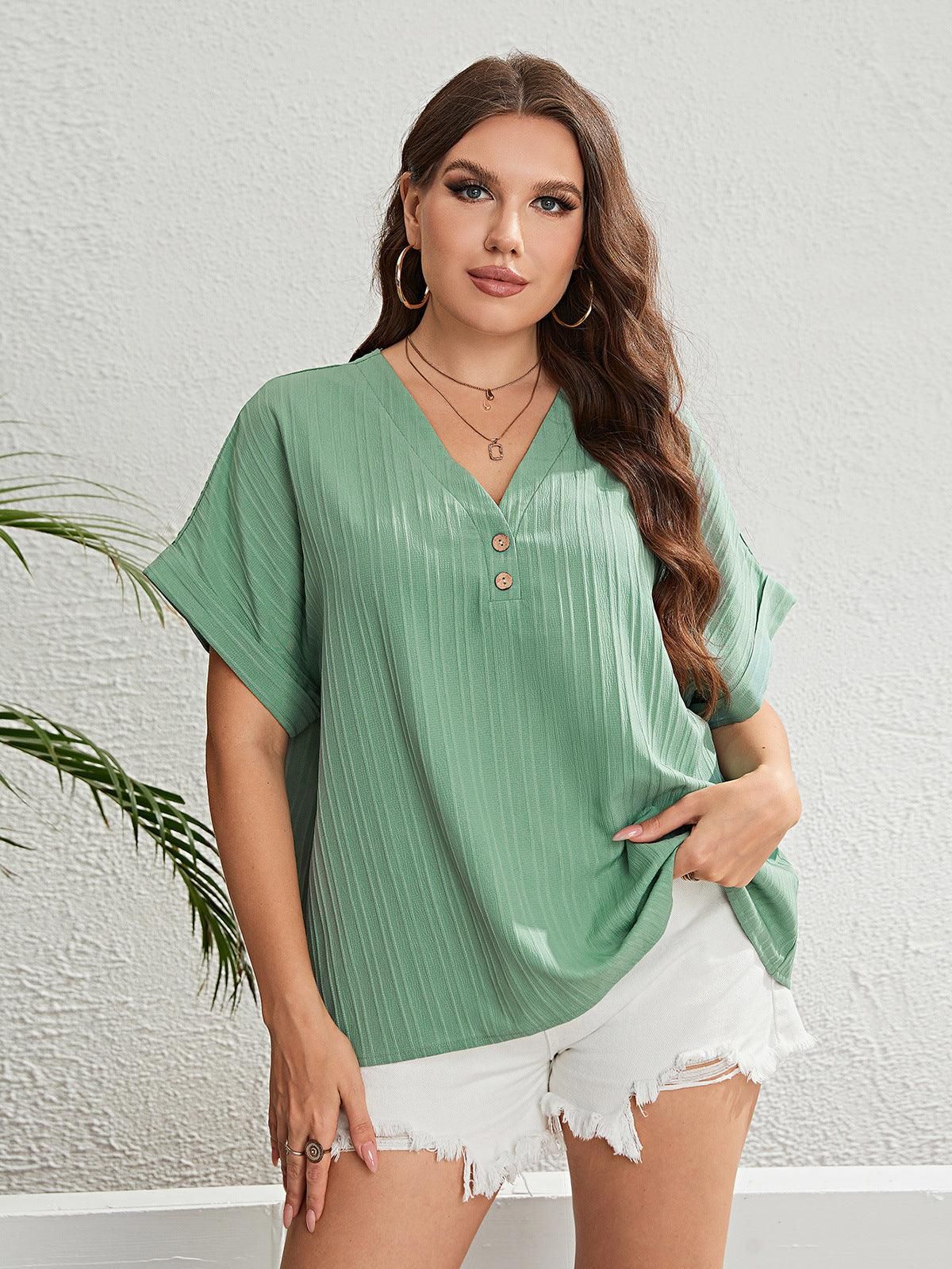 Plus Size Summer Green V neck Refreshing Stylish Women Top - Yara fashion  50575488 Plus Size Summer Green V neck Refreshing Stylish Women Top 