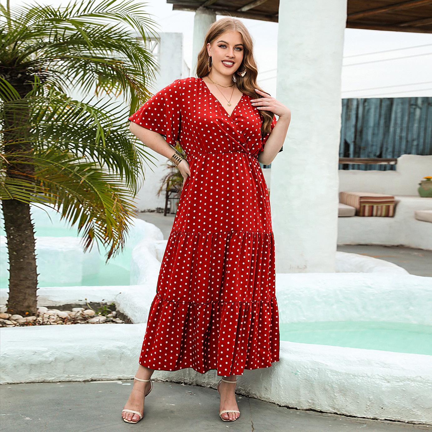 Plus Size Summer Women Clothing Polka Dot Casual Holiday Dress V Neck Elegant Swing Mid Length Dress - Yara fashion  93300498 Plus Size Summer Women Clothing Polka Dot Casual Holiday Dress V Neck Elegant Swing Mid Length Dress 