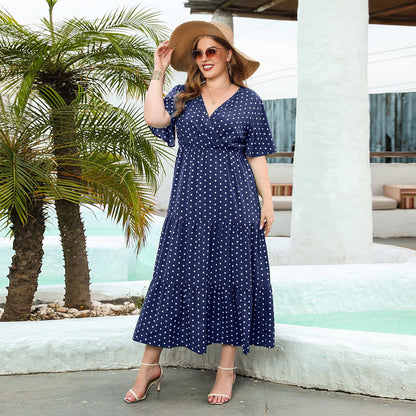 Plus Size Summer Women Clothing Polka Dot Casual Holiday Dress V Neck Elegant Swing Mid Length Dress - Yara fashion  20296439 Plus Size Summer Women Clothing Polka Dot Casual Holiday Dress V Neck Elegant Swing Mid Length Dress 