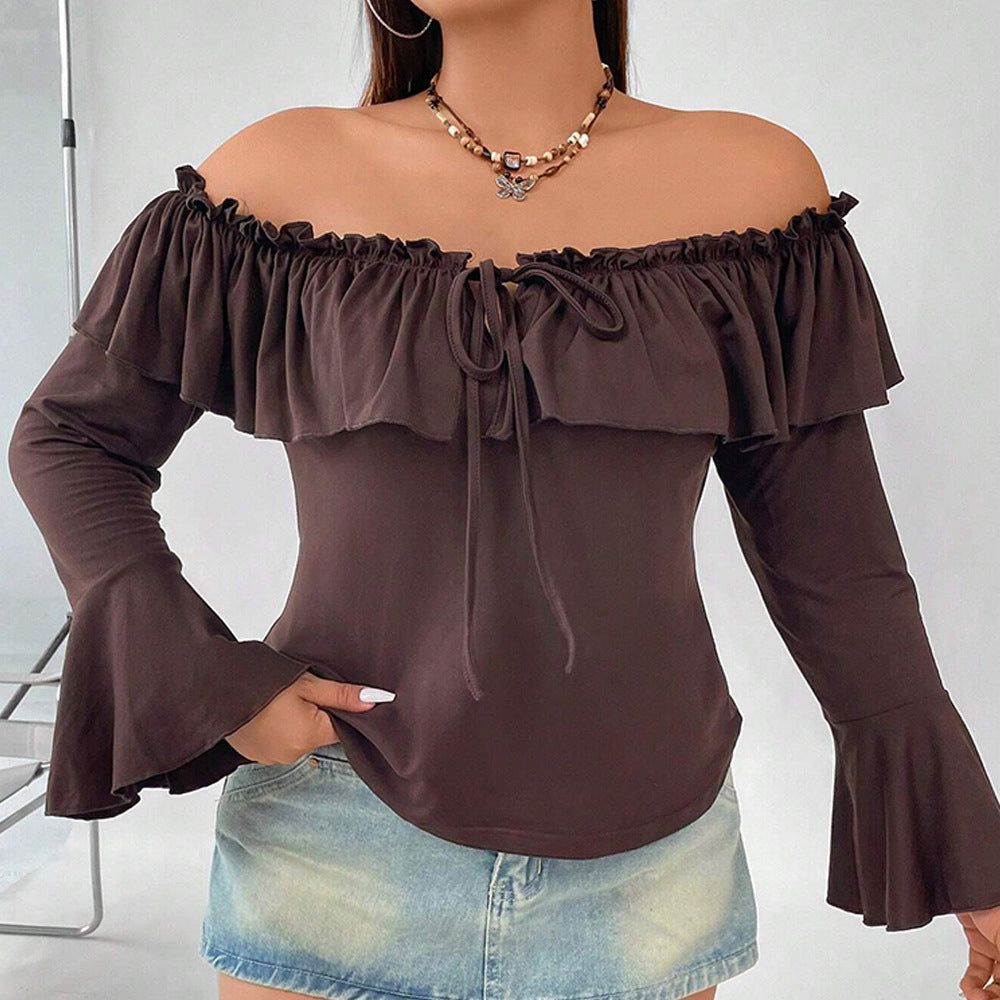 Plus Size Women Clothes Autumn Winter Ruffled Bell Sleeve Slim Elegant Boat Neck Top - Yara fashion  10319785 Plus Size Women Clothes Autumn Winter Ruffled Bell Sleeve Slim Elegant Boat Neck Top 