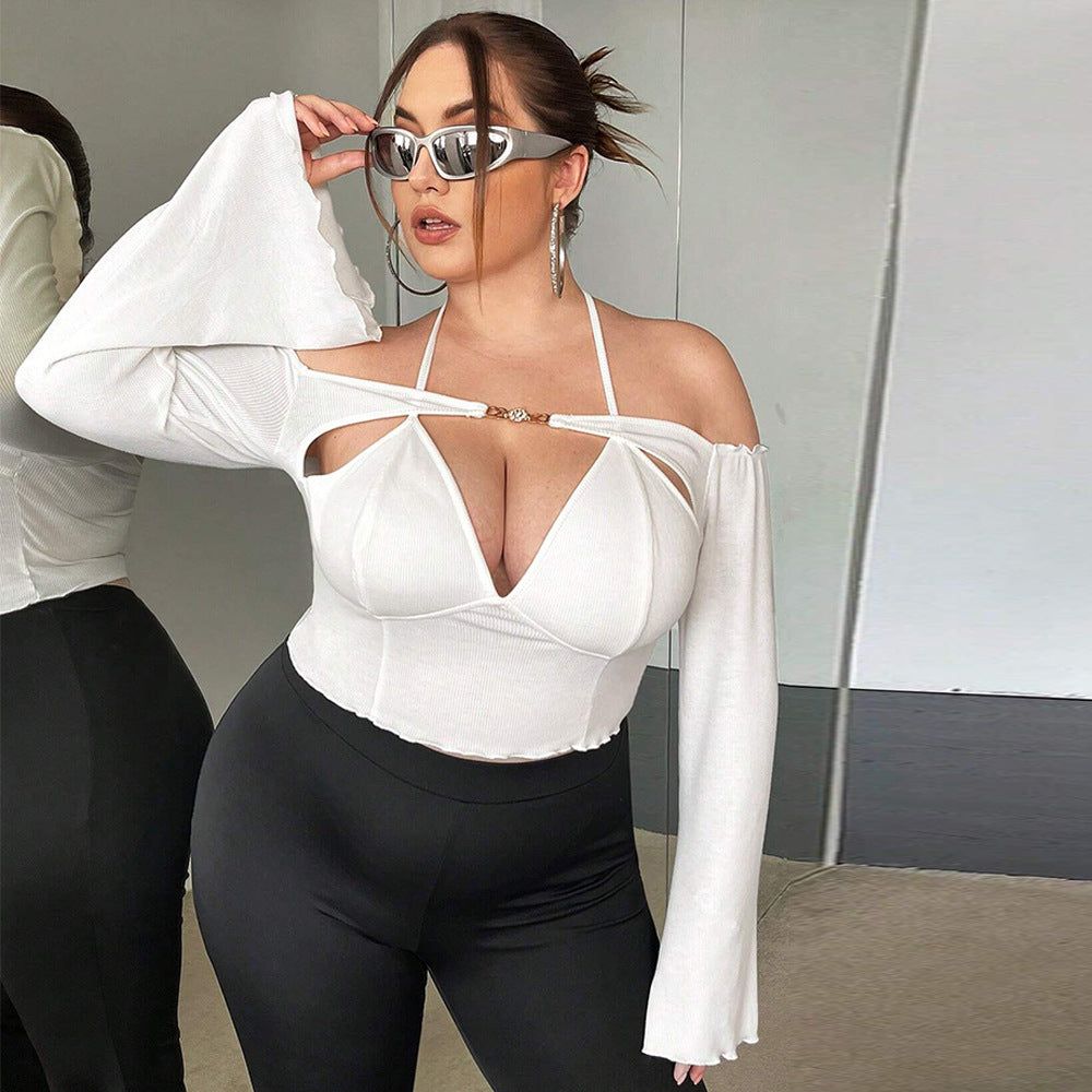 plus Size Women Clothes Autumn Winter Slim Fit Sexy off Shoulder off Shoulder Flared Long Sleeved Top - Yara fashion  87840910 plus Size Women Clothes Autumn Winter Slim Fit Sexy off Shoulder off Shoulder Flared Long Sleeved Top 