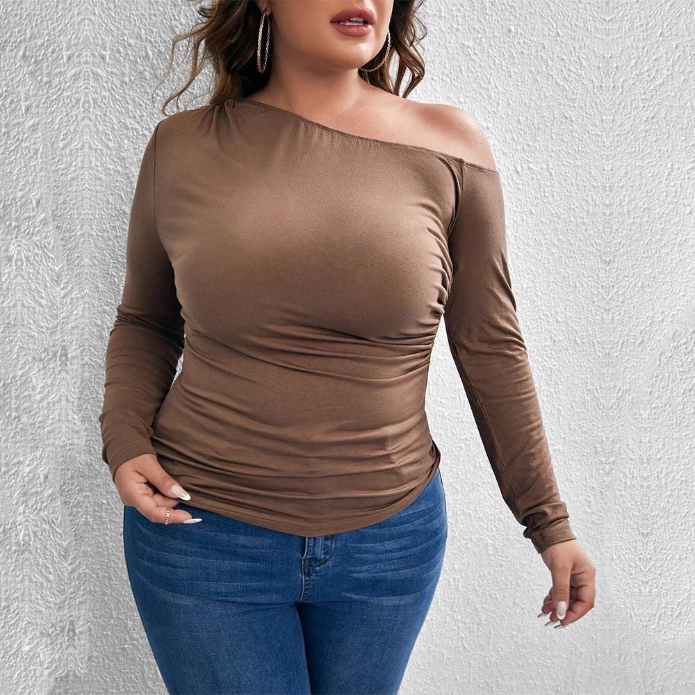 plus Size Women Clothes Slim Fit Slim Sexy off the Shoulder Diagonal Collar Knitted Long Sleeved T shirt Top - Yara fashion  24422297 plus Size Women Clothes Slim Fit Slim Sexy off the Shoulder Diagonal Collar Knitted Long Sleeved T shirt Top 