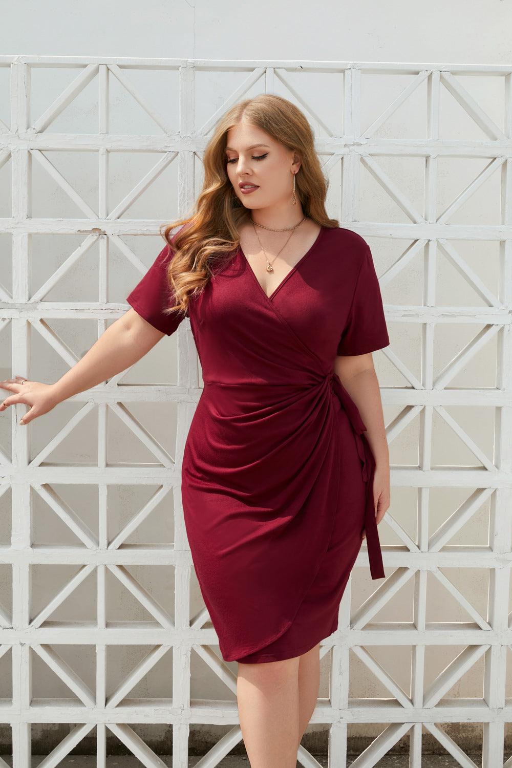 Plus Size Women Clothing Solid Color Casual Holiday Dress Bandage Vacation V Neck Mid Length Dress - Yara fashion  81772756 Plus Size Women Clothing Solid Color Casual Holiday Dress Bandage Vacation V Neck Mid Length Dress 