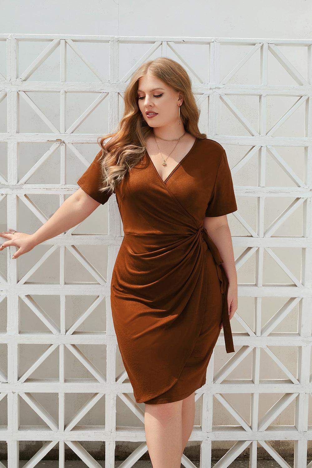 Plus Size Women Clothing Solid Color Casual Holiday Dress Bandage Vacation V Neck Mid Length Dress - Yara fashion  88690993 Plus Size Women Clothing Solid Color Casual Holiday Dress Bandage Vacation V Neck Mid Length Dress 