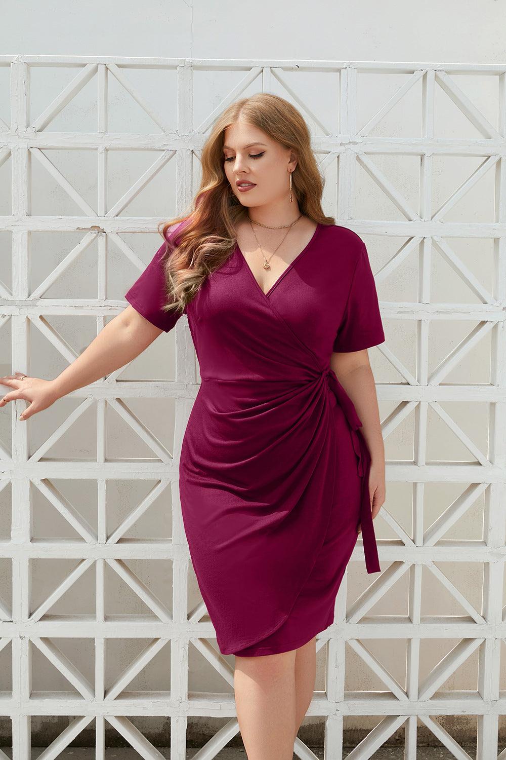 Plus Size Women Clothing Solid Color Casual Holiday Dress Bandage Vacation V Neck Mid Length Dress - Yara fashion  56123711 Plus Size Women Clothing Solid Color Casual Holiday Dress Bandage Vacation V Neck Mid Length Dress 