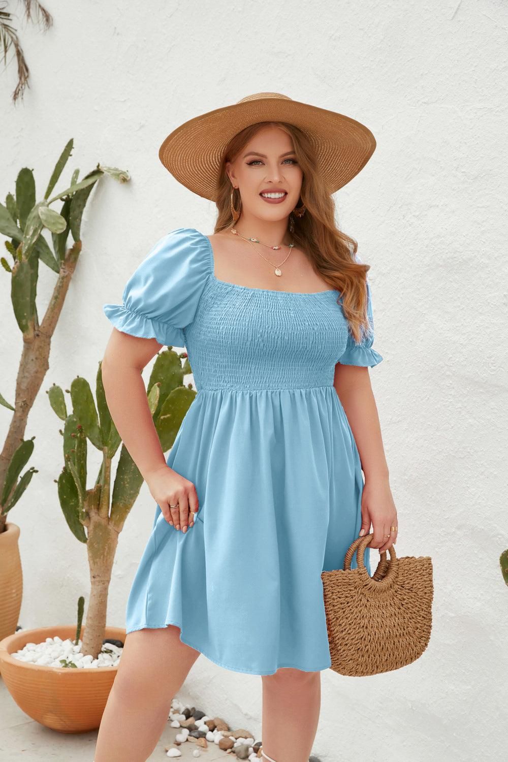 Plus Size Women Clothing Solid Color Casual Holiday Dress Travel Square Collar Smocking Puff Sleeve Dress - Yara fashion  87270442 Plus Size Women Clothing Solid Color Casual Holiday Dress Travel Square Collar Smocking Puff Sleeve Dress 