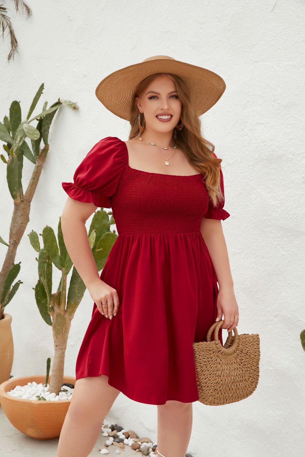 Plus Size Women Clothing Solid Color Casual Holiday Dress Travel Square Collar Smocking Puff Sleeve Dress - Yara fashion  65467783 Plus Size Women Clothing Solid Color Casual Holiday Dress Travel Square Collar Smocking Puff Sleeve Dress 