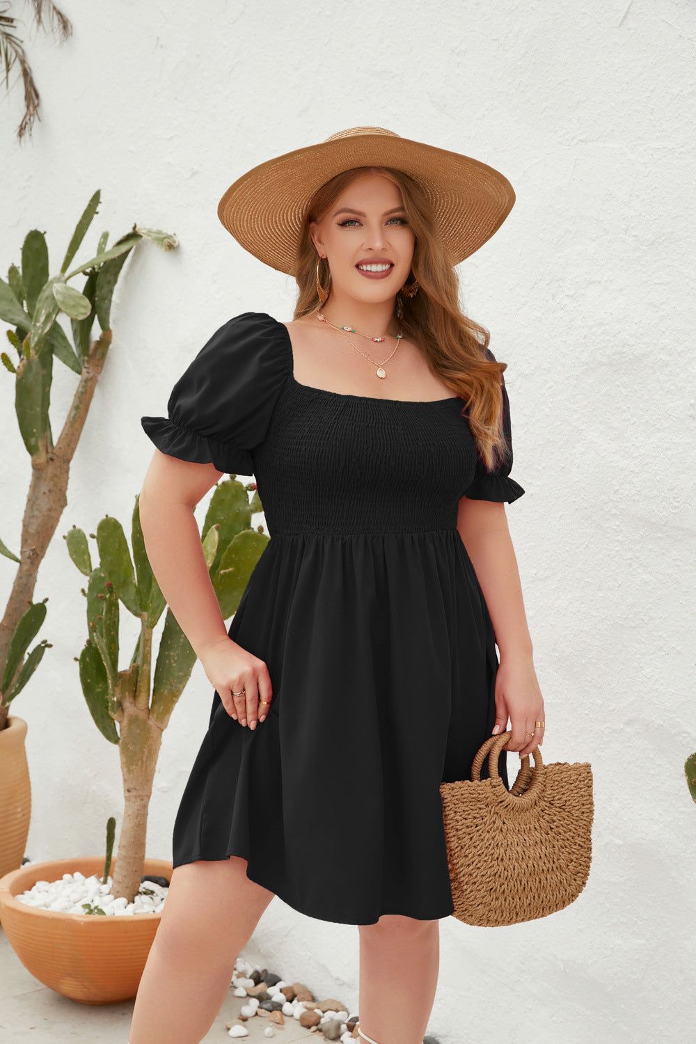 Plus Size Women Clothing Solid Color Casual Holiday Dress Travel Square Collar Smocking Puff Sleeve Dress - Yara fashion  35485484 Plus Size Women Clothing Solid Color Casual Holiday Dress Travel Square Collar Smocking Puff Sleeve Dress 