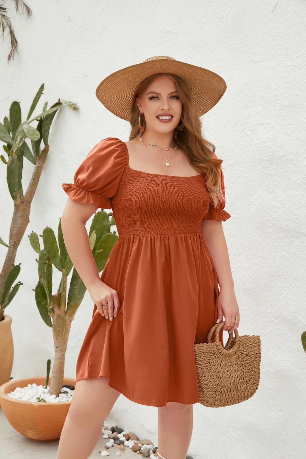 Plus Size Women Clothing Solid Color Casual Holiday Dress Travel Square Collar Smocking Puff Sleeve Dress - Yara fashion  19174514 Plus Size Women Clothing Solid Color Casual Holiday Dress Travel Square Collar Smocking Puff Sleeve Dress 