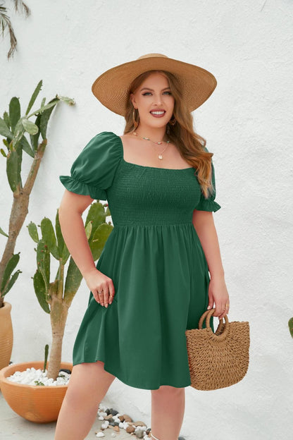 Plus Size Women Clothing Solid Color Casual Holiday Dress Travel Square Collar Smocking Puff Sleeve Dress - Yara fashion  63465831 Plus Size Women Clothing Solid Color Casual Holiday Dress Travel Square Collar Smocking Puff Sleeve Dress 