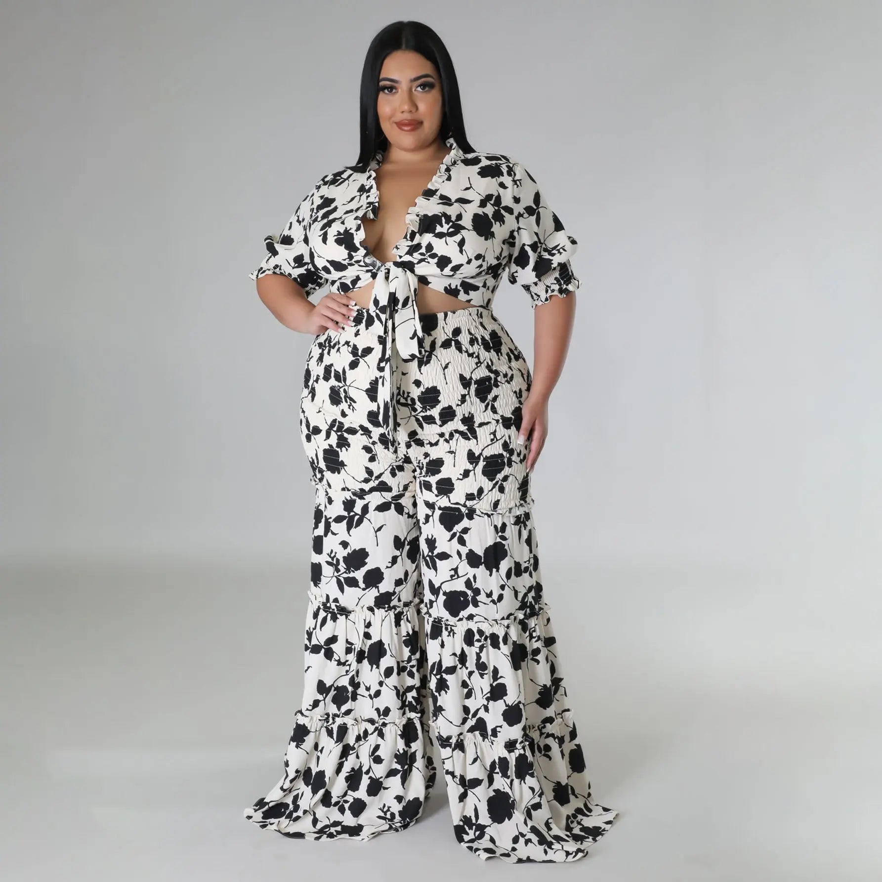 Plus Size Women Strap Printing Two Piece Suit Wide Leg Pants Summer - Yara fashion  46197335 Plus Size Women Strap Printing Two Piece Suit Wide Leg Pants Summer 