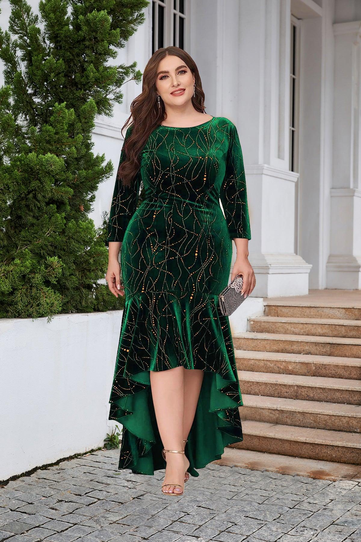 Plus Size Women Three Quarter Sleeve Mermaid High Low Hem Extra Long Velvet Formal Jumpsuit - Yara fashion  76979628 Plus Size Women Three Quarter Sleeve Mermaid High Low Hem Extra Long Velvet Formal Jumpsuit 