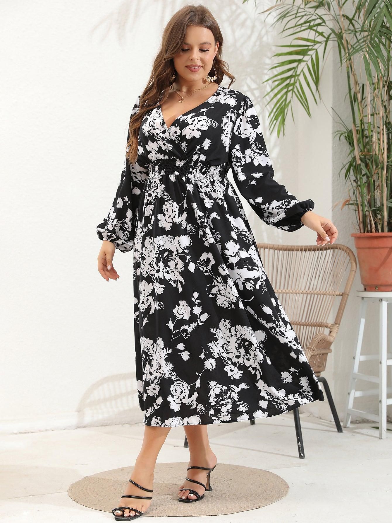 Plus Size Women V Neck Long Sleeve Dress - Yara fashion  62562094 Plus Size Women V Neck Long Sleeve Dress 