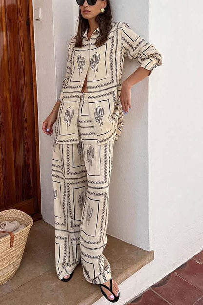 Printed Long Sleeved Shirt Trousers Two Piece Suit Home Wear - Yara fashion  74415049 Printed Long Sleeved Shirt Trousers Two Piece Suit Home Wear 