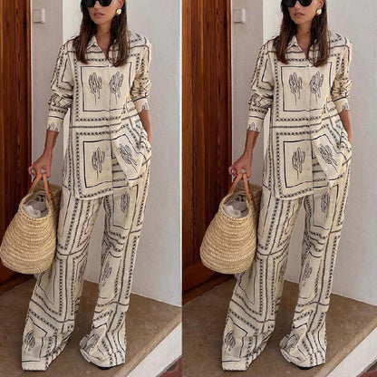 Printed Long Sleeved Shirt Trousers Two Piece Suit Home Wear - Yara fashion  72032912 Printed Long Sleeved Shirt Trousers Two Piece Suit Home Wear 