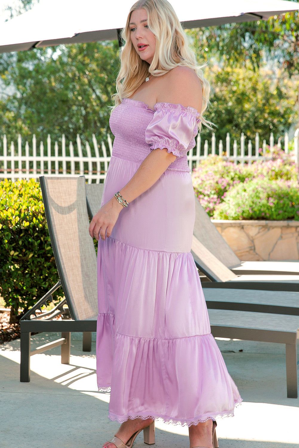 Purple Ruffled Smocked Off Shoulder Plus Size Maxi Dress - Yara fashion  54864400 Purple Ruffled Smocked Off Shoulder Plus Size Maxi Dress 